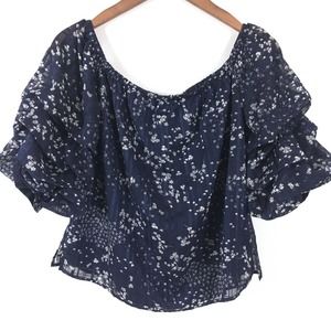 1.State Womens Top Small Blue Floral Off The Shoulder Chiffon Blouse Lined